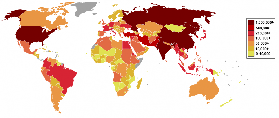 Bản đồ thể hiện số lượng quân chính quy của các nước trên thế giới (năm 2009)